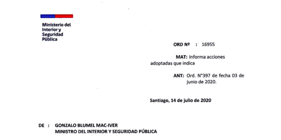 OFICIO Nº16.955, MINISTERIO DEL INTERIOR Y SEGURIDAD PÚBLICA (03/06/2020)